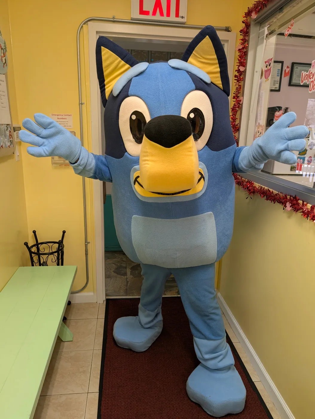 A blue dog mascot greeting guests from a doorway