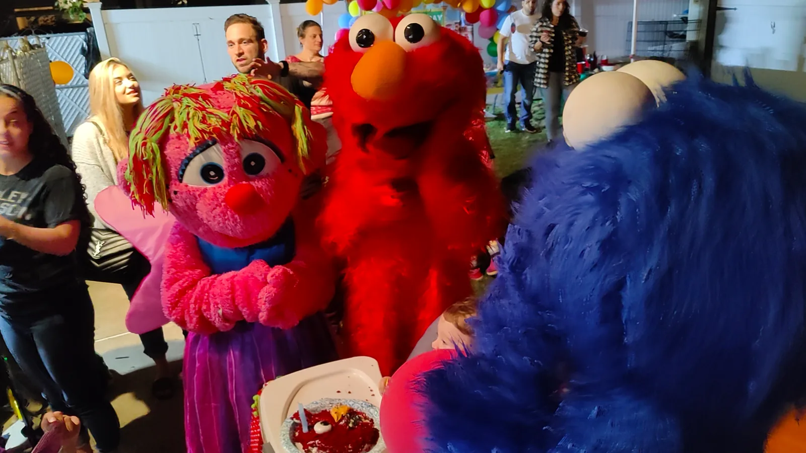 Costumed entertainers greeting guests at a birthday party