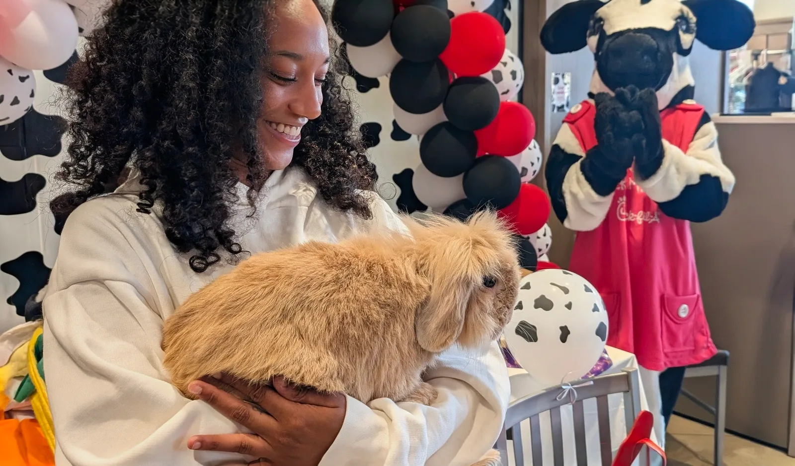 A child holding a fluffy brown rabbit at a party