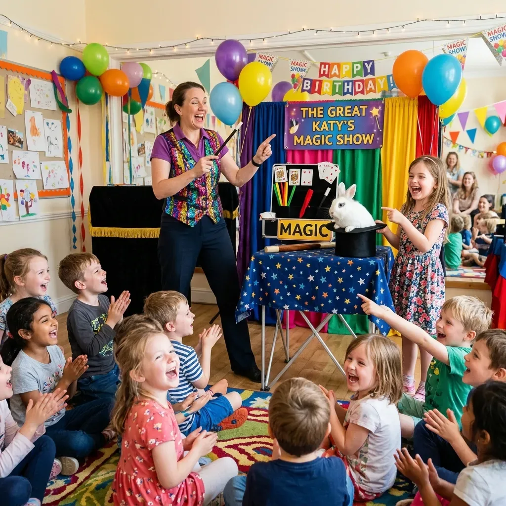 Magician performing behind a magic table for children indoors