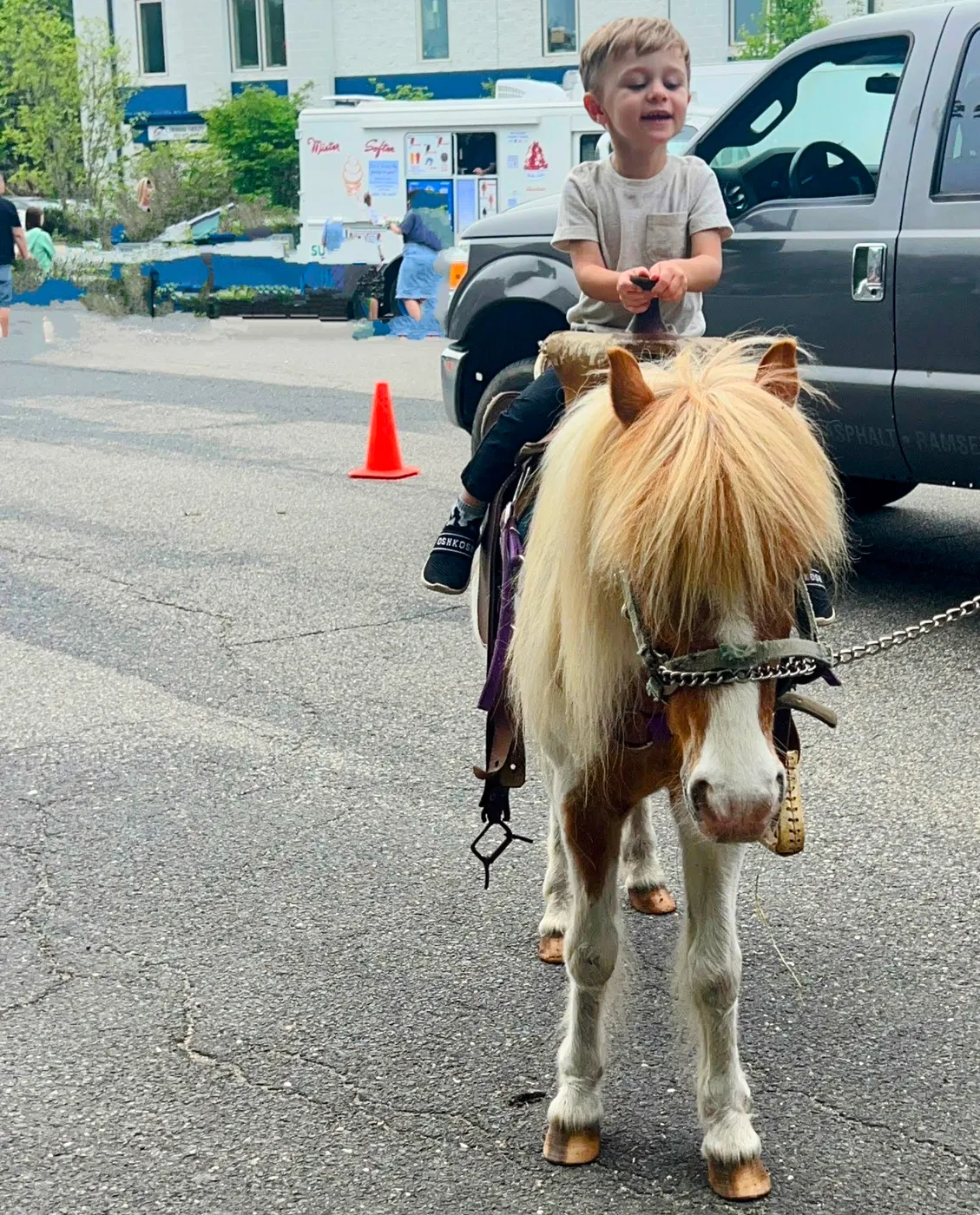 A child riding a pony outdoors