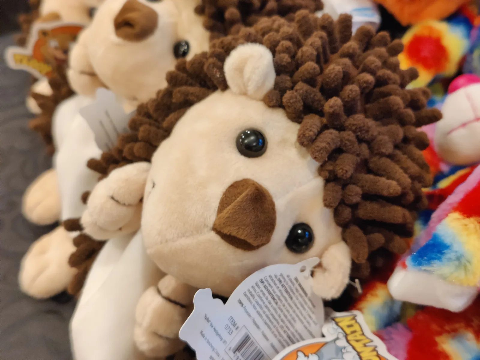 A row of soft hedgehog toys among colorful plush animals