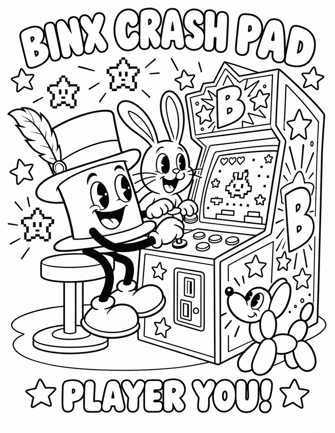 Original Binx top-hat and bunny arcade adventure coloring sheet