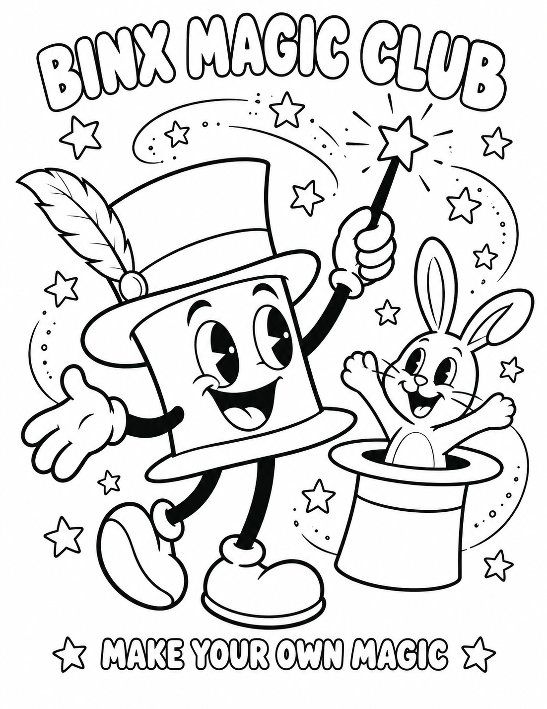 Original Binx pie-eye top-hat character waving a wand beside a rabbit coloring sheet