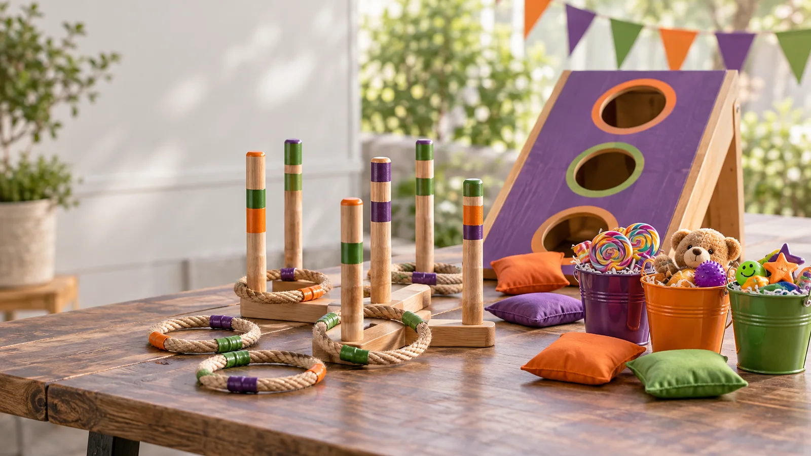 AI-generated illustration: tabletop carnival ring toss and beanbag target games with small prize buckets