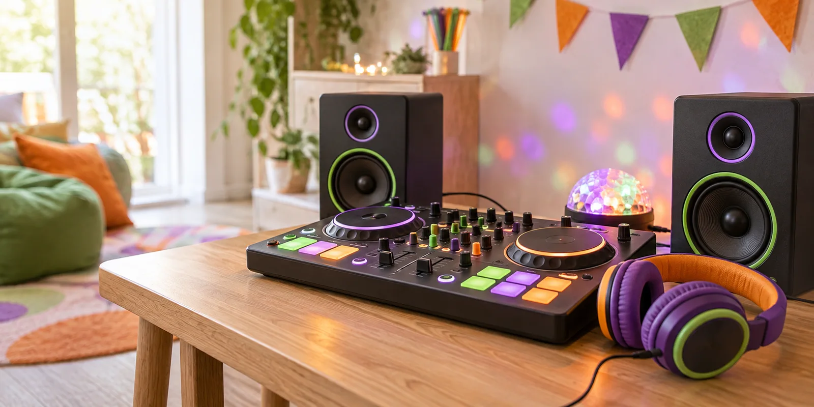 AI-generated illustration: children's party DJ controller, headphones, two speakers and gentle colorful party lighting