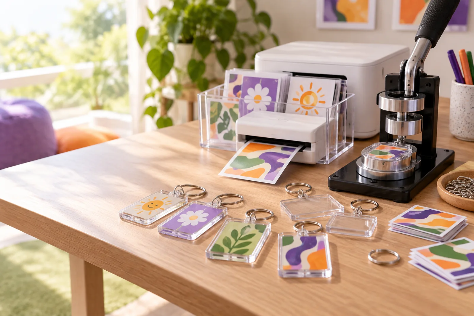 AI-generated illustration: clear acrylic photo keychains and a photo-print crafting station with colorful abstract sample inserts