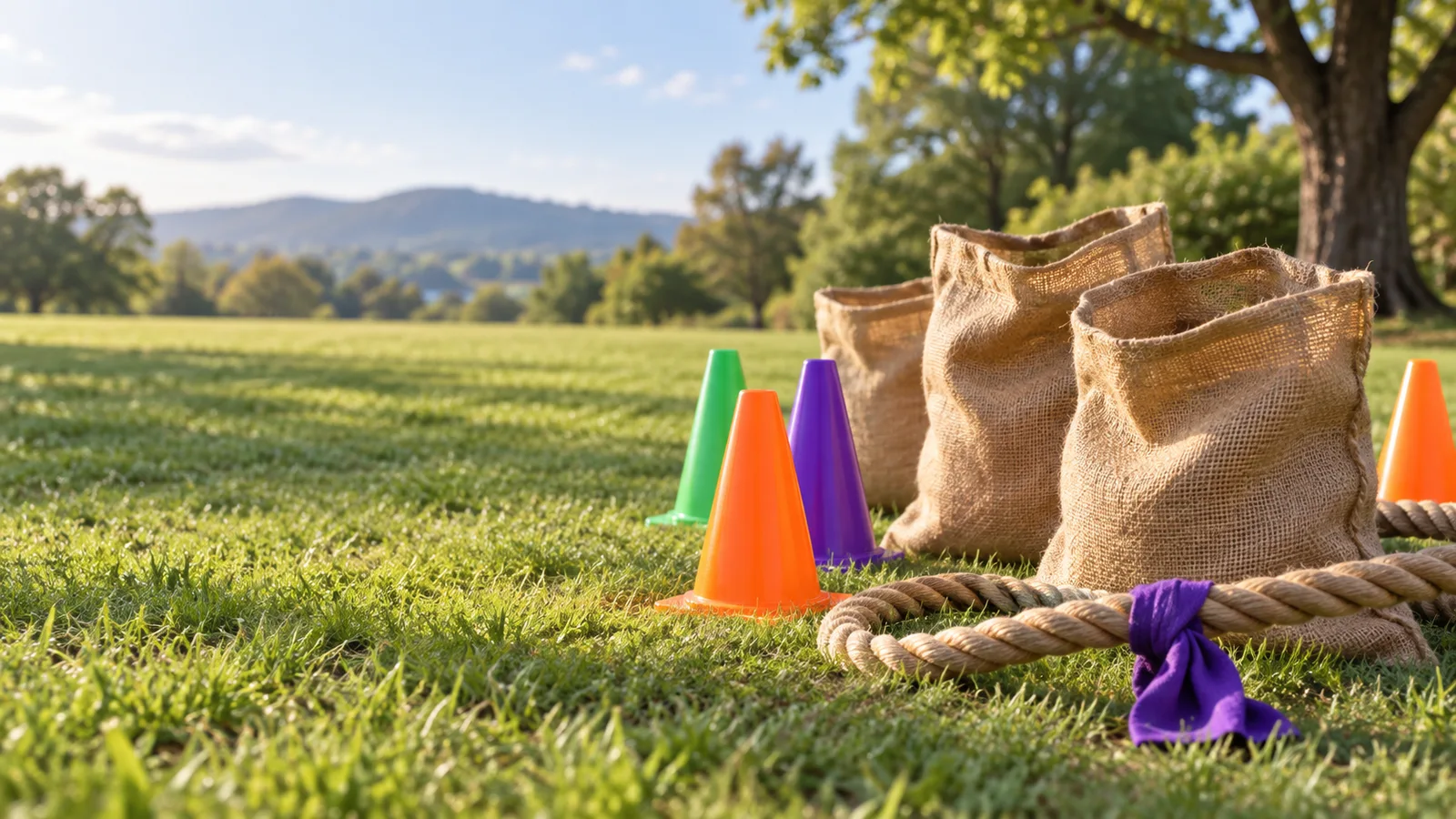 AI-generated illustration: outdoor field-day games, burlap sacks, tug-of-war rope and bright cones on grass