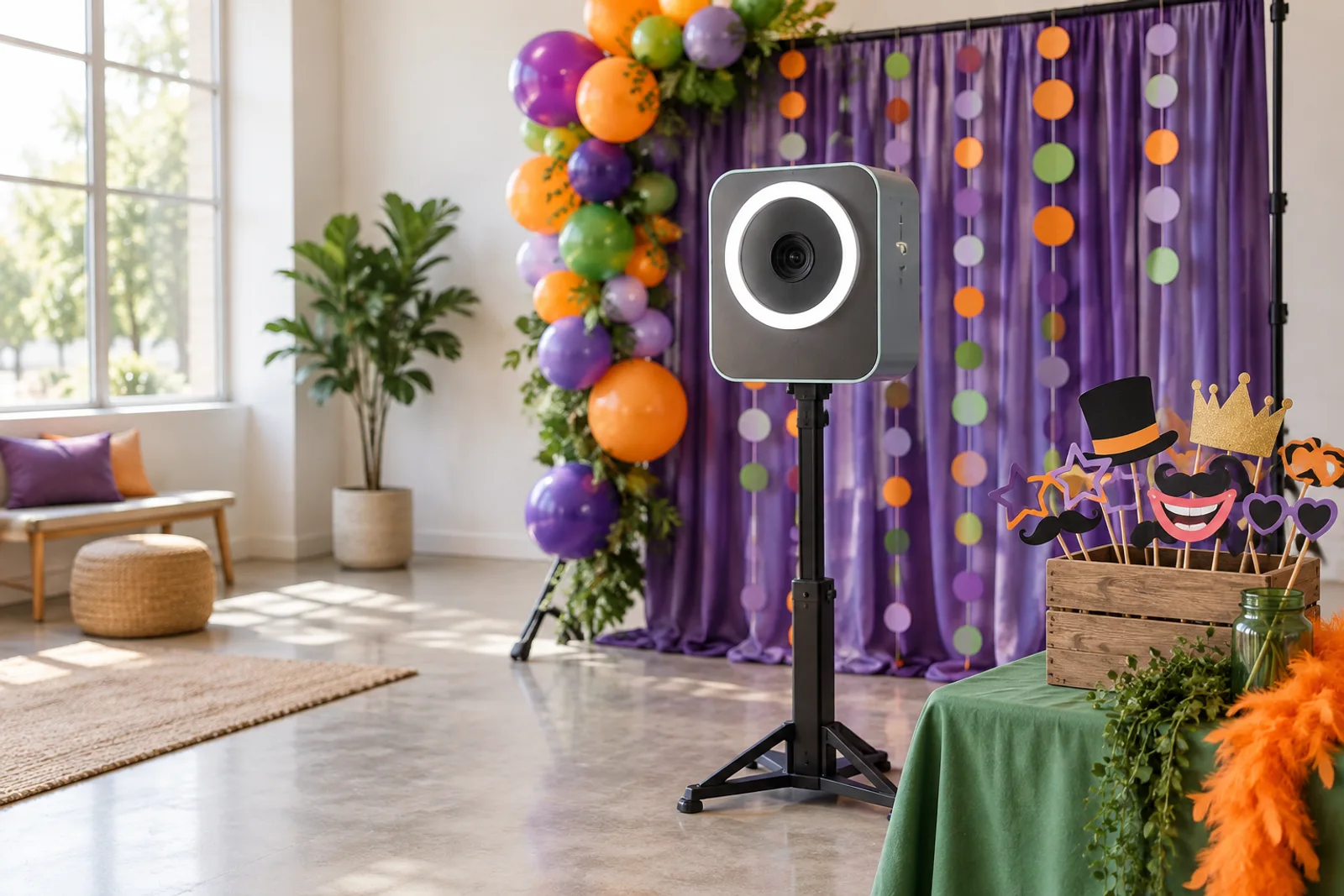 AI-generated illustration: party photo booth camera stand, ring light, backdrop and playful handheld photo props
