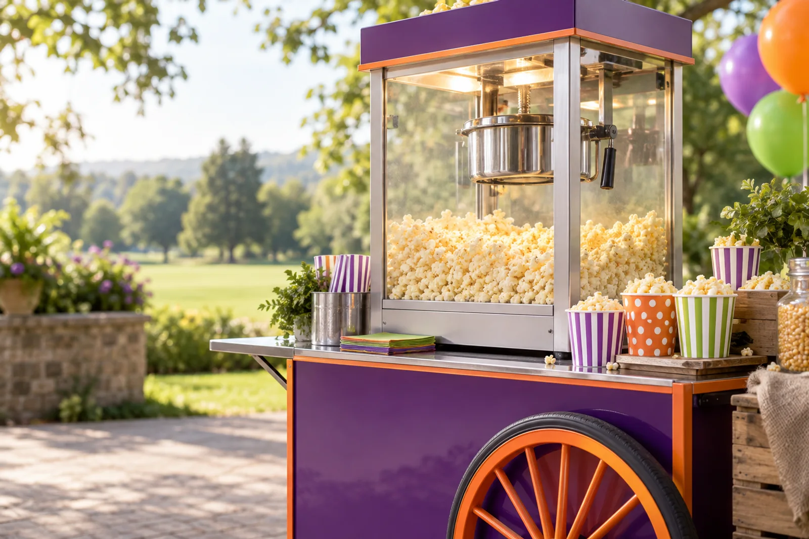 AI-generated illustration: popcorn cart with glass popping chamber and paper cups of freshly popped corn