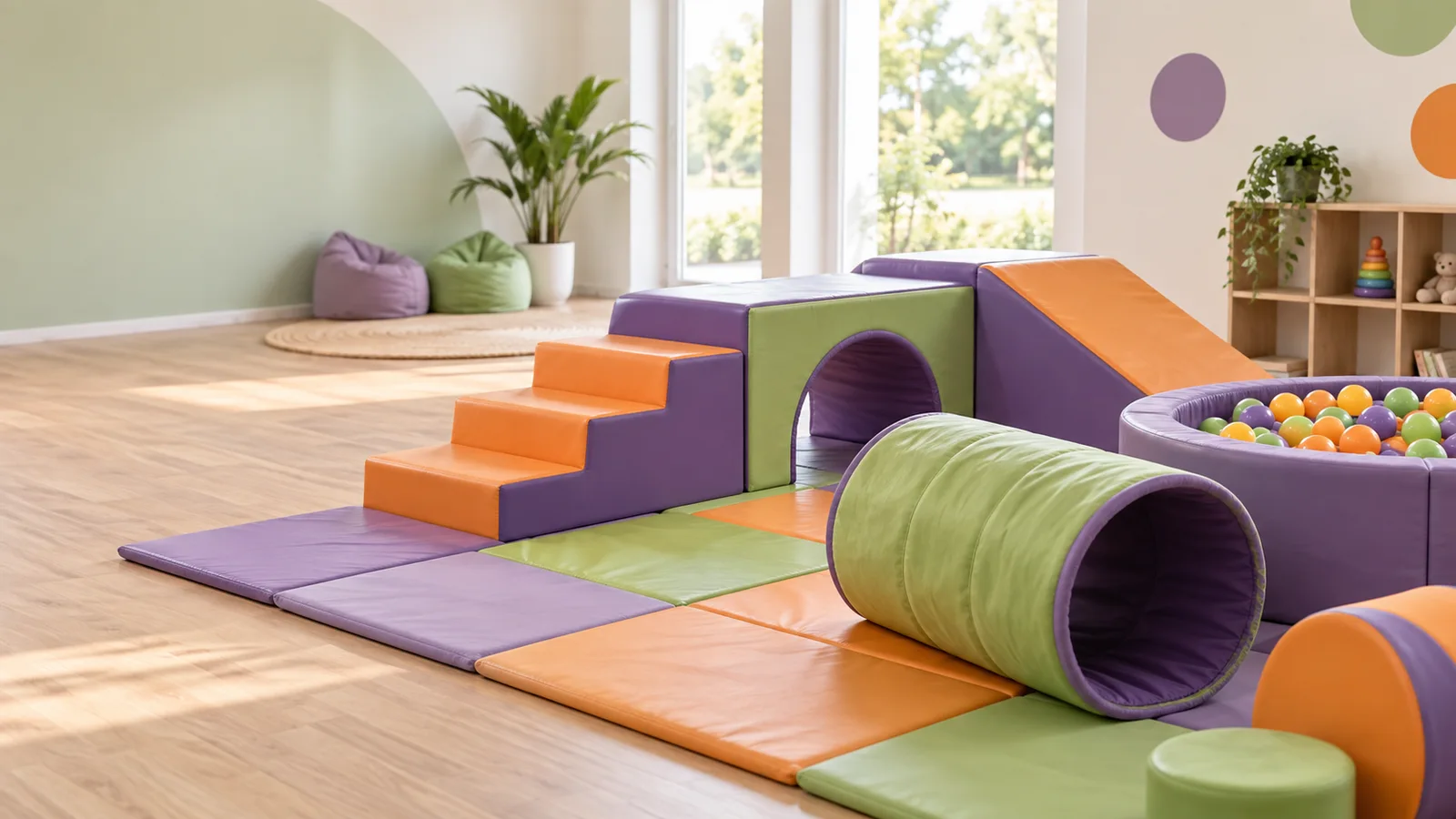 AI-generated illustration: toddler soft play zone with padded mats, low foam climber, tunnel and ball pit